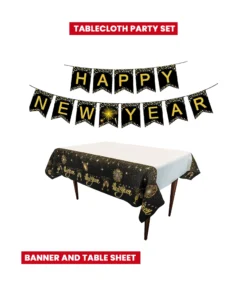 Buy online 2023 Happy New Year Decorations Includes Banner Real Gold Glitter Happy New Year Tablecloth